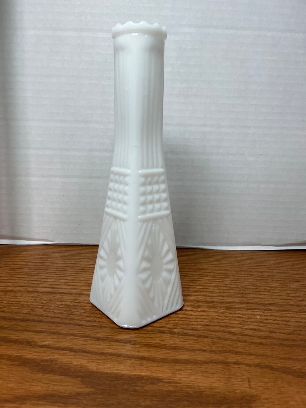 White Milk Glass Bud Vase 8.5" Diamond Starburst Square Base Vintage